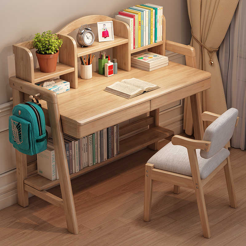 儿童实木书桌书架一体学习桌椅家用小户型卧室女孩中小学生写字桌