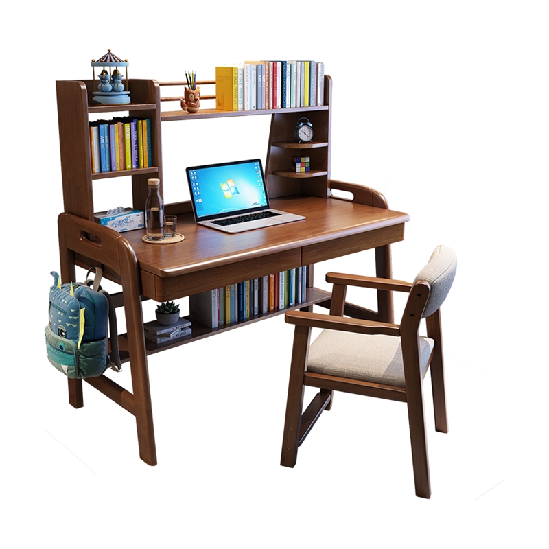 新品实木书桌书架组合一体简约电脑办公桌家用儿童学习书桌椅可升