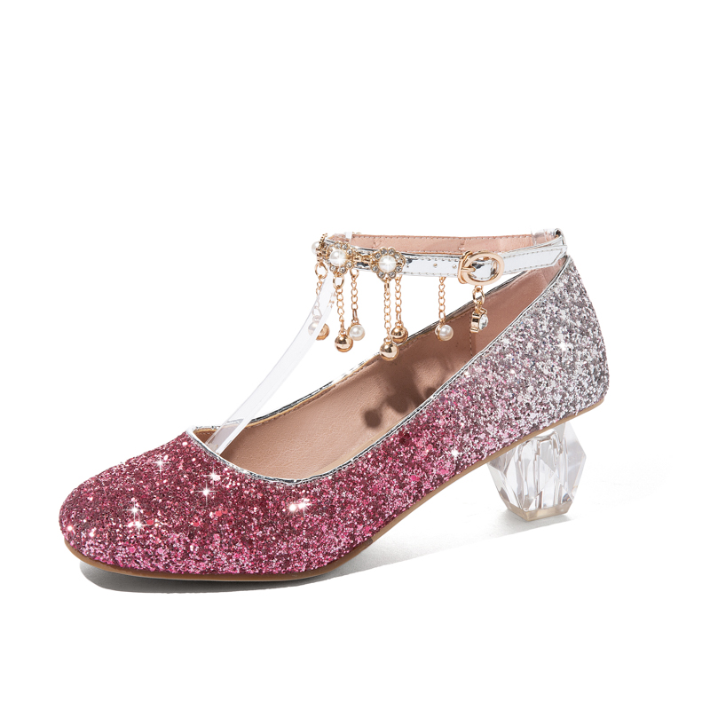 正品春季女童高跟鞋小女孩粉色水晶鞋走秀表演出亮片童鞋子儿童公