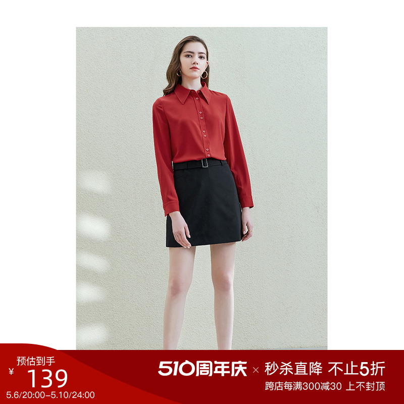 YLLE ELLY/衣衫妙影红色衬衫女2024夏季新款长袖薄款职场雪纺上衣
