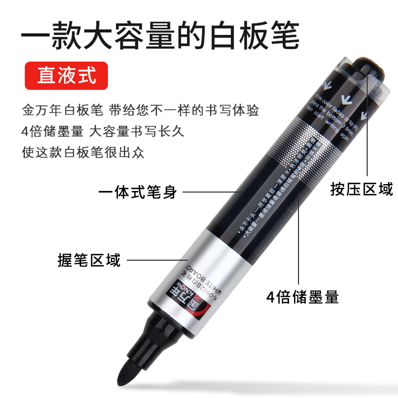 金万年按动直液式白板笔大容量可擦教师用儿童水性墨水按压出墨马克笔白班笔黑色红色蓝色K0602B白板写字笔