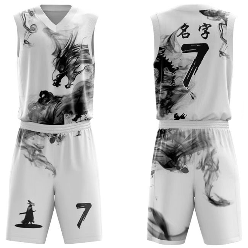 水墨中国龙篮球服套装个性定制男球衣黑白私人订制男款特大码8XL