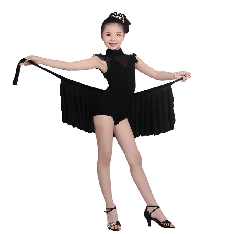 新品拉丁舞服儿童表演女童舞蹈服短袖少儿恰恰舞裙黑色练功立领舞