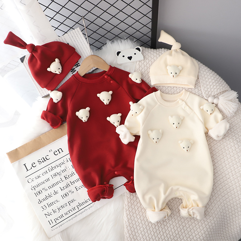 婴儿冬季连体衣红色拜年服男女宝宝衣服棉衣外出服过年外套保暖冬