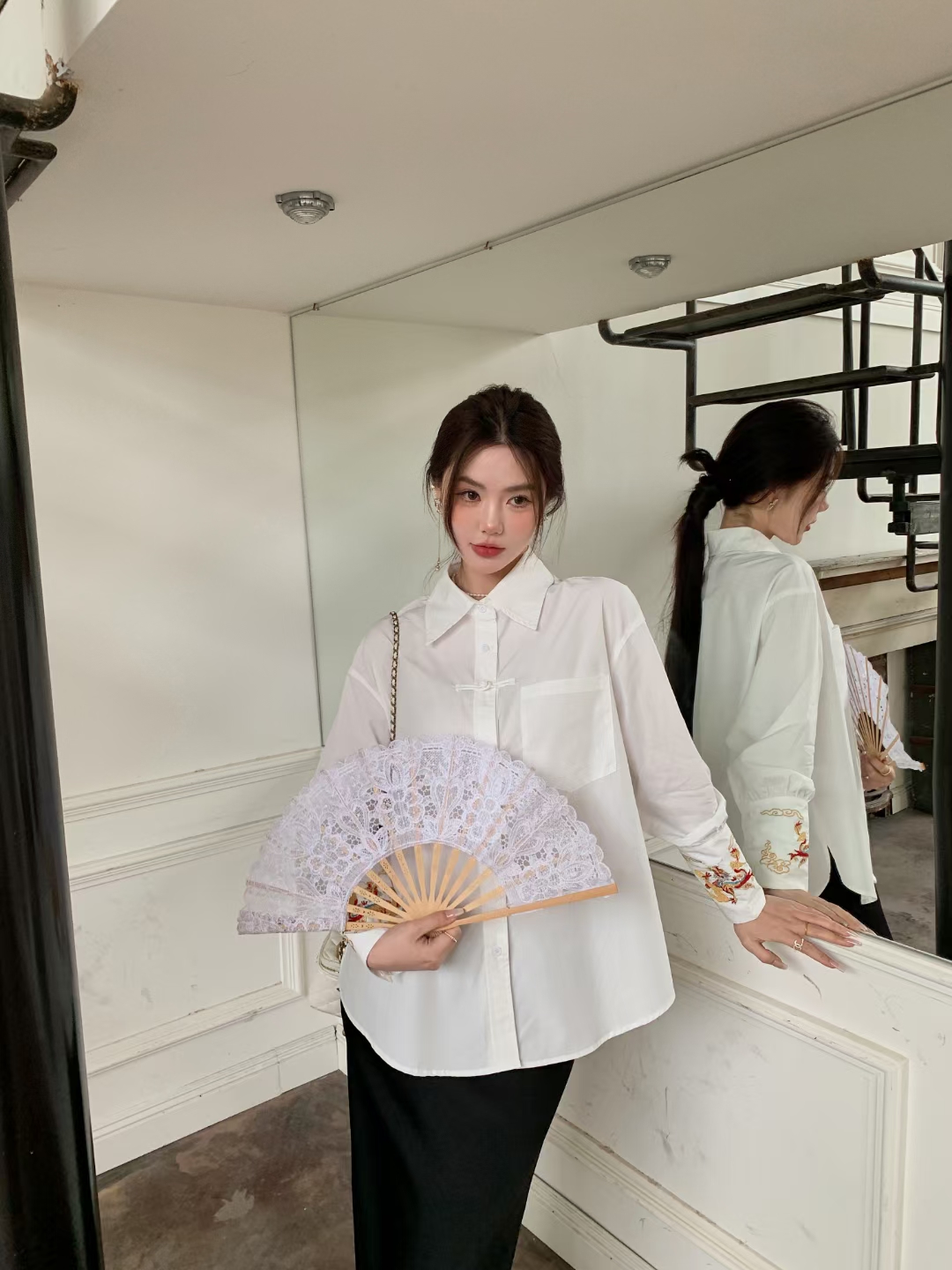 约她正品韩系chic复古新中式国风刺绣衬衫女2024春宽松重工衬衣