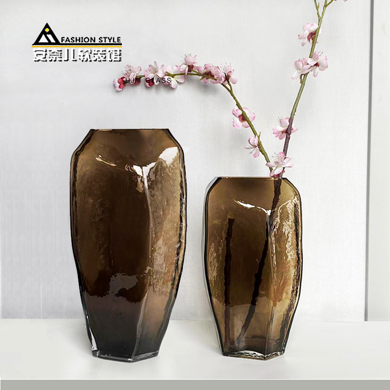 咖色扁几何大号玻璃花瓶创意冰纹水培花器家居客厅样板间软装摆件