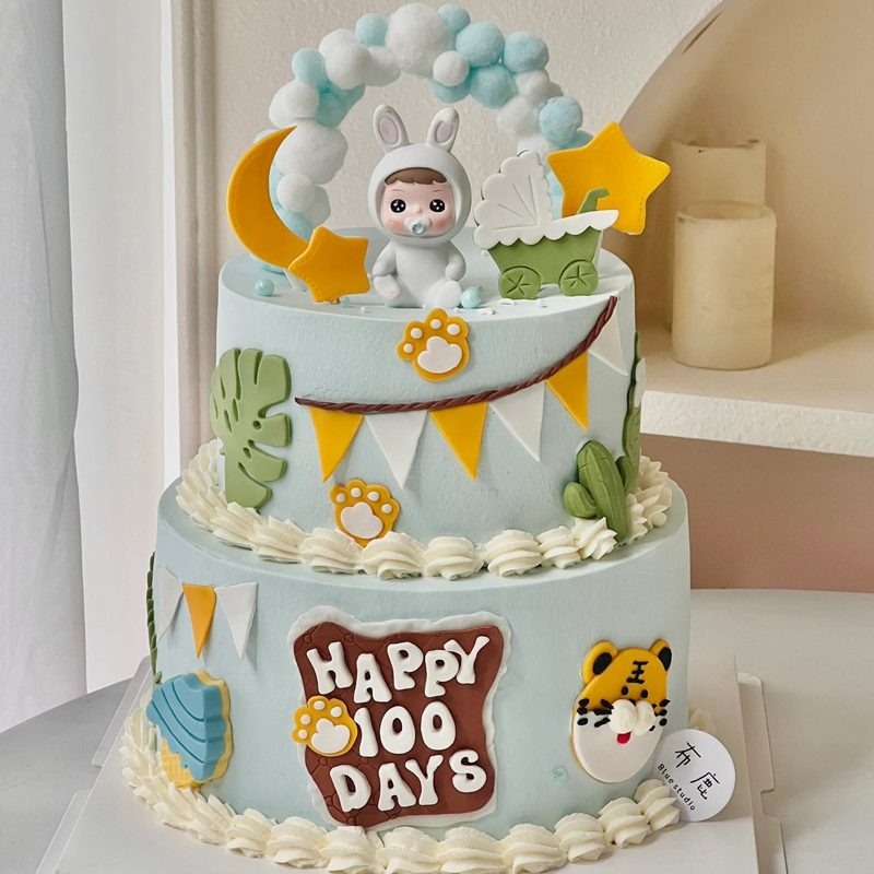 卡通可爱翻糖兔宝宝周岁百天满月仪式感氛围感奶嘴围巾兔摆件蛋糕