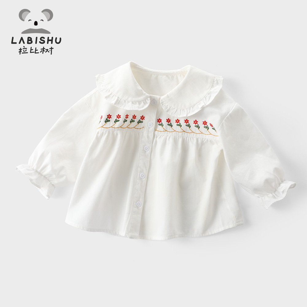 拉比树童装女童衬衫2023秋季新款宝宝可爱翻领衬衣儿童娃娃领