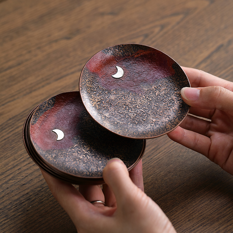 Haomingtian日式手工烧制紫铜杯垫隔热茶垫纯铜茶托杯托茶碟配件