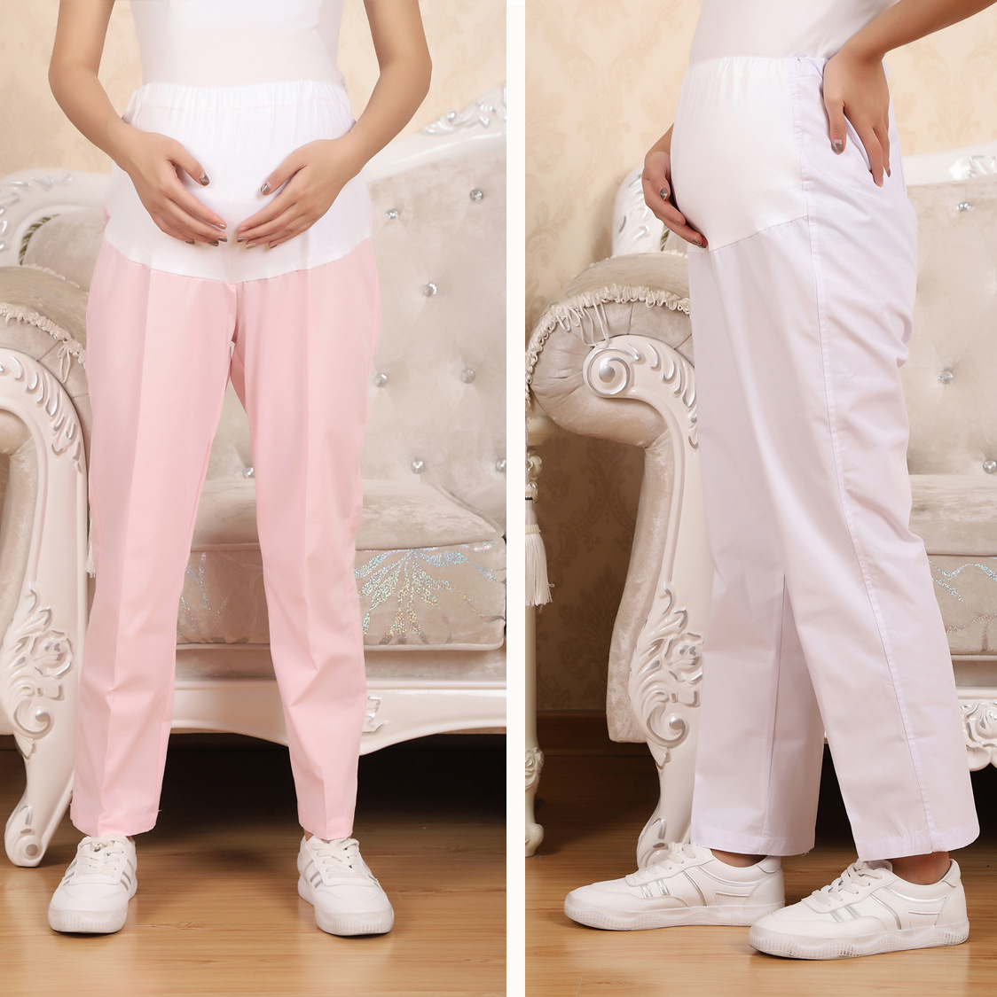 孕妇护士裤全托腹可调节松紧腰白蓝粉色护士服白大褂大码工作裤子