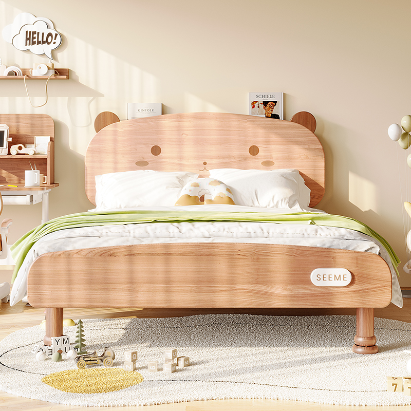 儿童床全实木男孩女孩小熊1.5m原木单人小床小户型金丝檀木卧室床