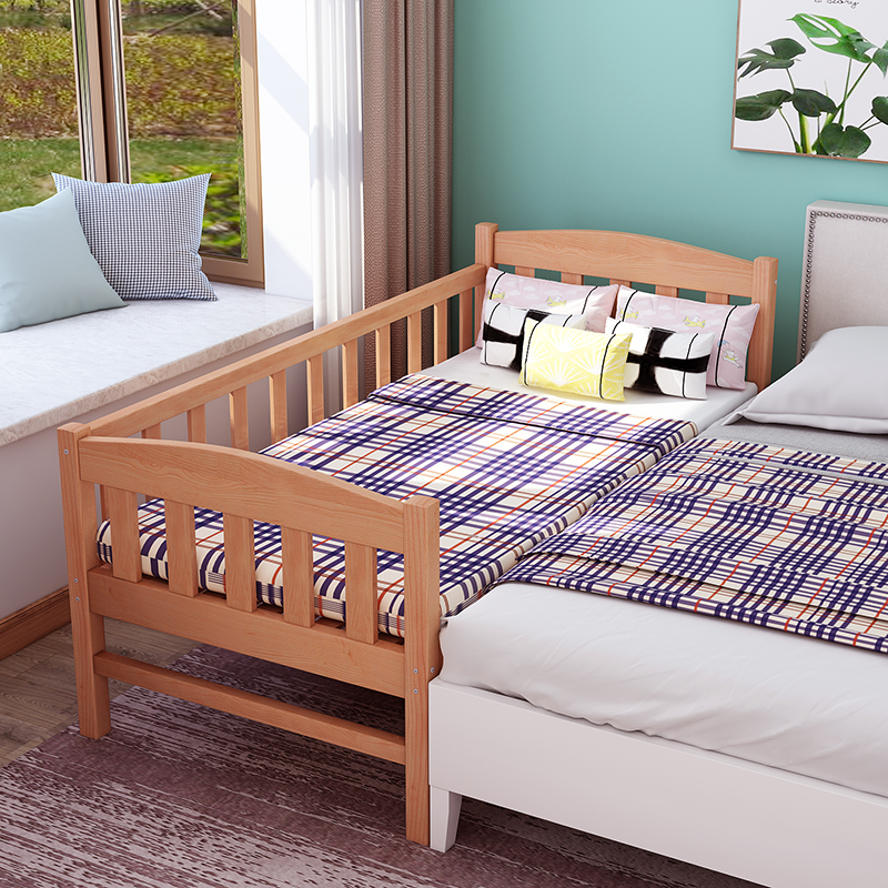 定制榉木拼接床加宽床儿童床带护栏婴儿床实木床小孩床床边床
