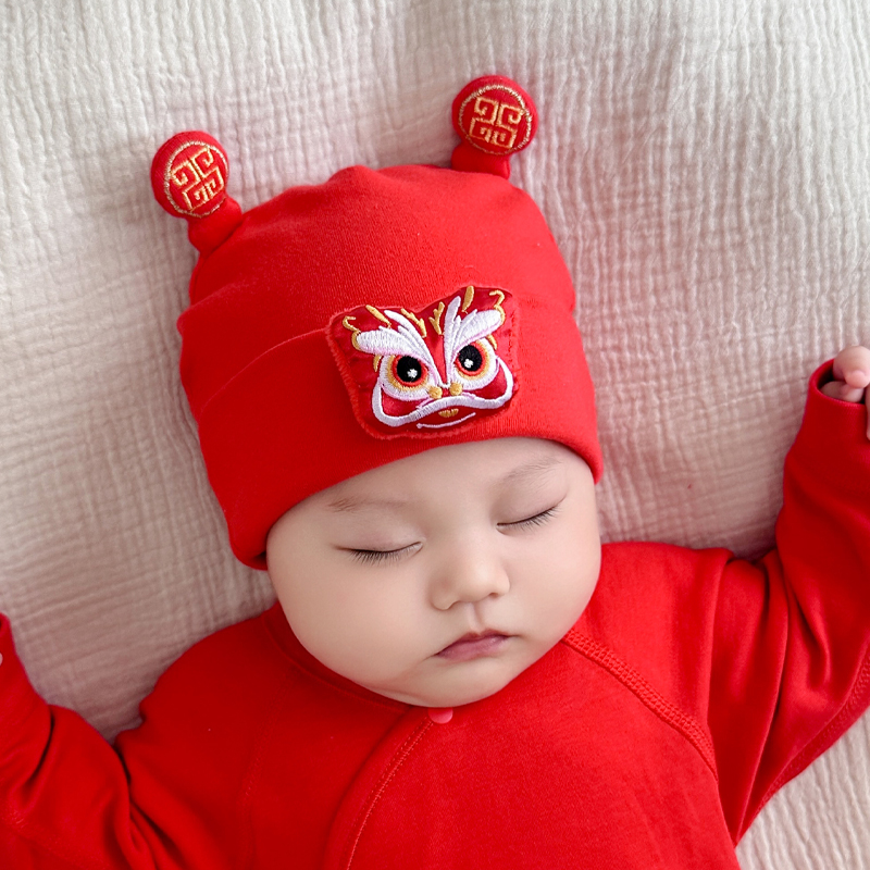 婴儿帽子新生儿春秋薄款秋冬款网红醒狮红色宝宝帽子喜庆过年帽