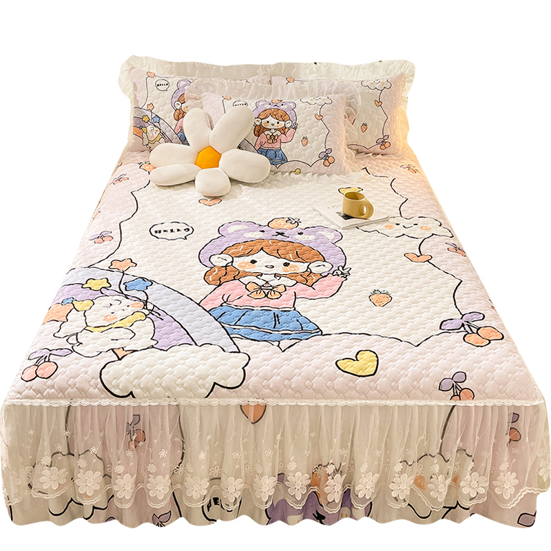 可爱卡通加厚牛奶水晶绒夹棉x床裙式床罩儿童女孩公主床围裙保护