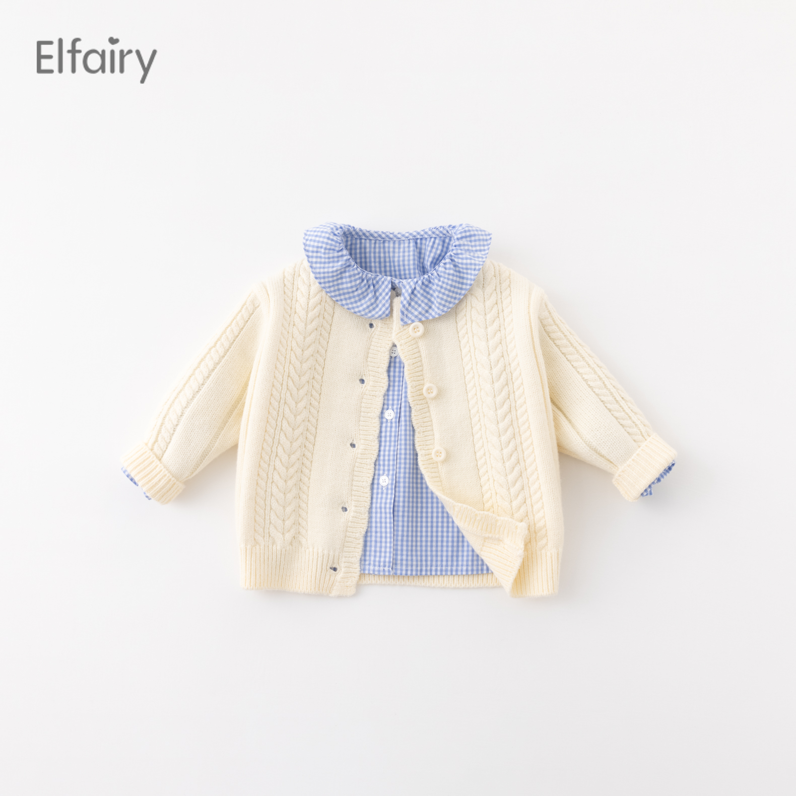 Elfairy女童毛衣儿童开衫宝宝上衣婴儿麻花针织衫米色外套春秋装