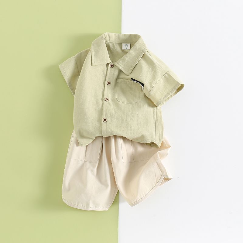 巴拉巴柆韩系男童夏装套装2024新款儿童夏季棉麻短袖衬衫男孩宝宝