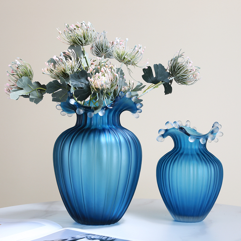 简约蓝色波浪玻璃花瓶可水培客厅样板间售楼处装饰品花器插花摆件