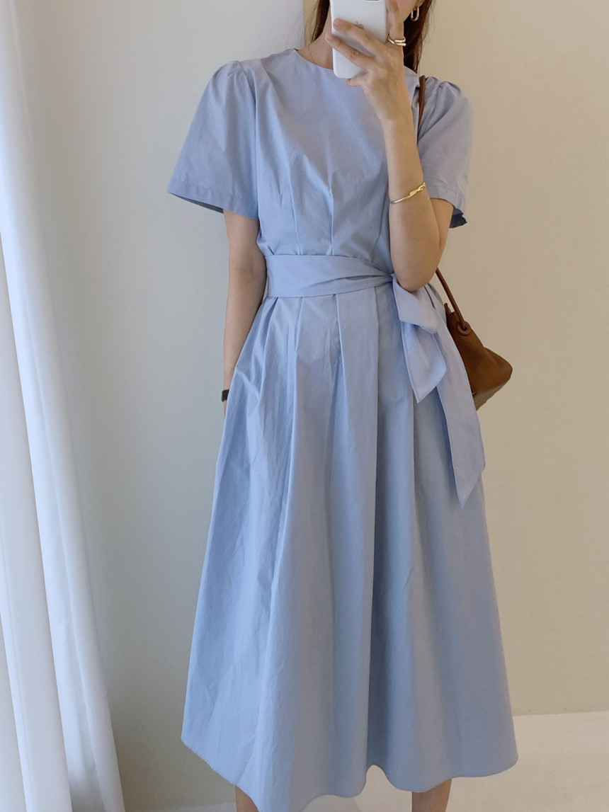 韩国chic夏季法式小众气质压褶设计蝴蝶结绑带收腰长款短袖连衣裙