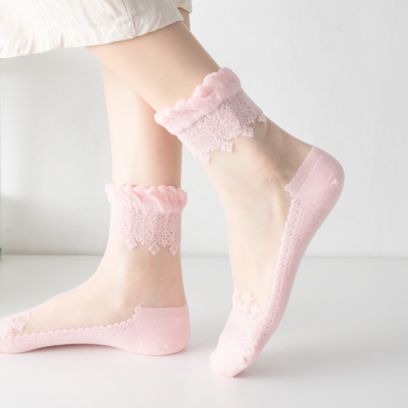 丝袜女薄款短袜子夏纯棉底防滑蕾丝花边冰丝透明水晶玻璃丝中筒袜