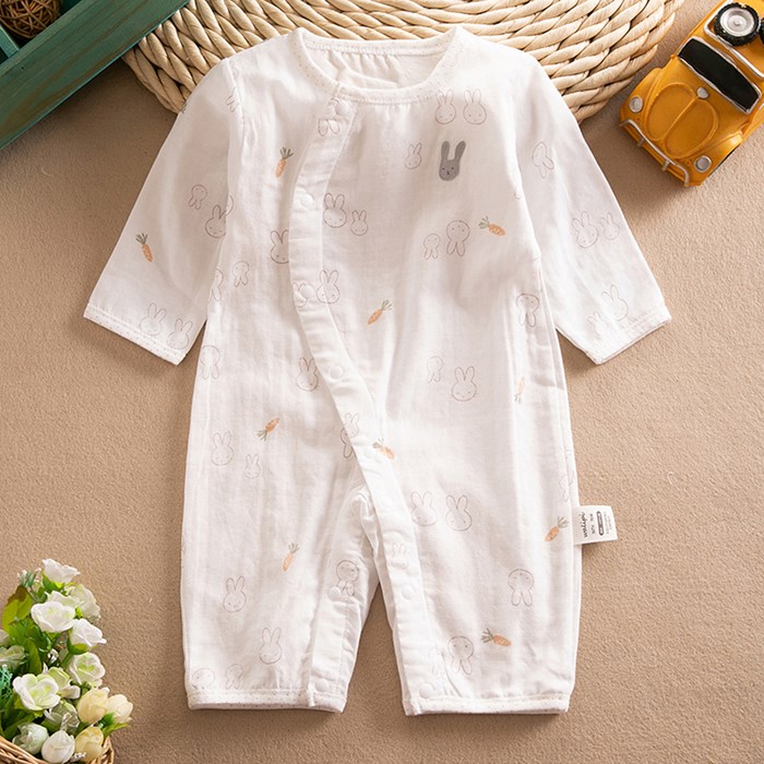 夏季婴儿纯棉纱布长袖连体衣宝宝哈衣爬服薄款新生儿衣服空调睡衣