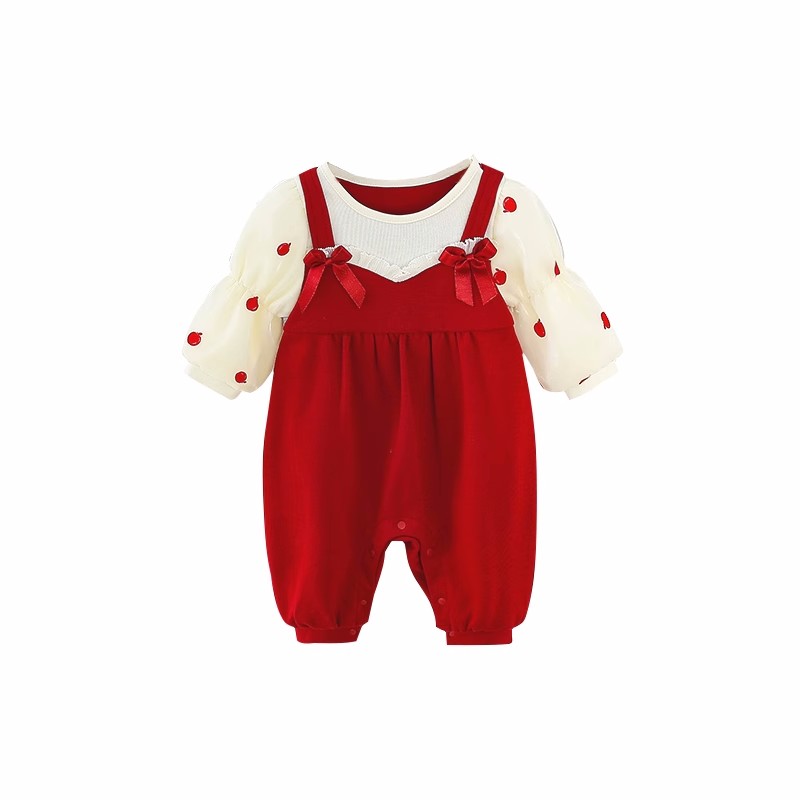 红色婴儿连身衣服春外装女孩宝宝百天1周岁满月萌服超礼秋出哈衣0