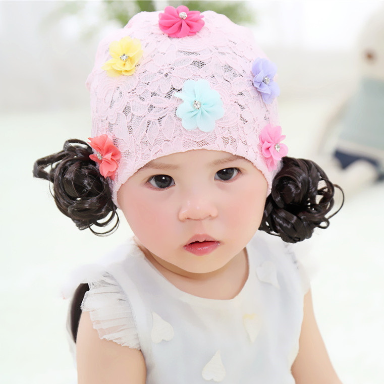 带头发的帽子女宝宝儿童春夏0-1岁婴儿帽花朵蕾丝假发帽公主胎帽2