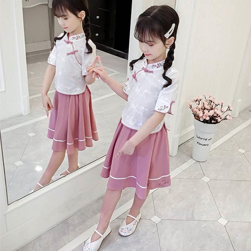 女童裙子套装夏季中国风两件套改良旗袍汉服唐装中大童复古2023