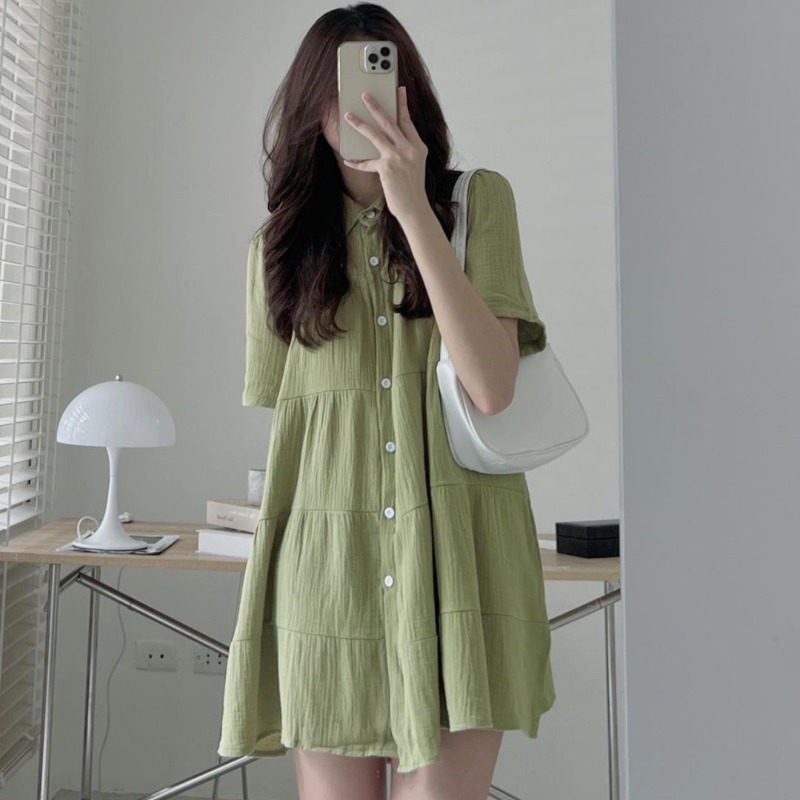 韩国chic夏季法式小众中长款单排扣衬衫裙小个子宽松A字连衣裙女