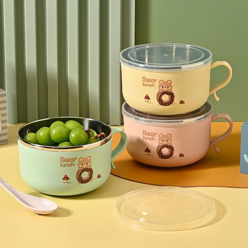不锈钢家用饭碗宝宝儿童小学生带盖饭盒可爱精致新款汤碗套装餐具