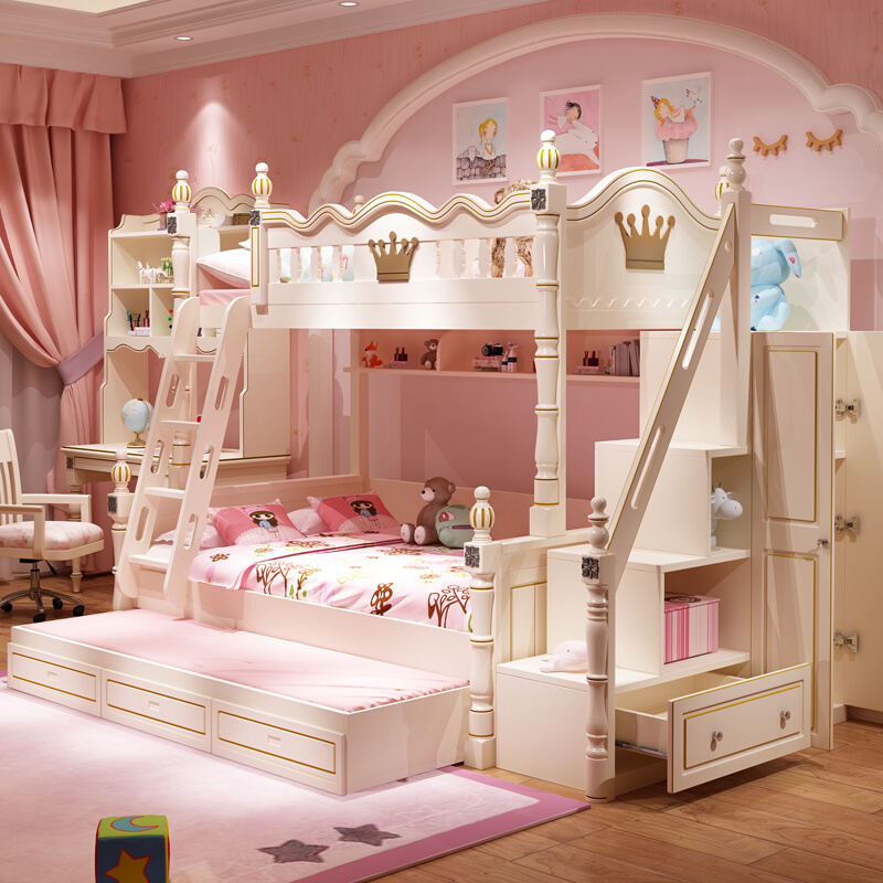奶油风双层床上下床两层上下铺儿童床女孩公主高低床双人实木子母