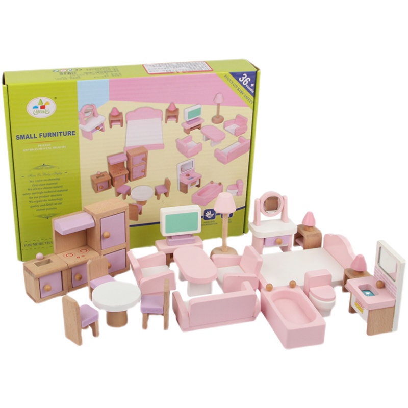 木制儿童玩具过家家迷你房子家具22件套仿真卧室客厅浴室厨房餐厅