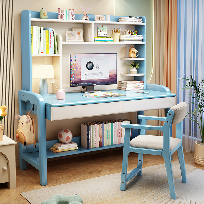 速发书架一体实木书桌中小学生课桌椅家用可升降儿童S学习桌卧室
