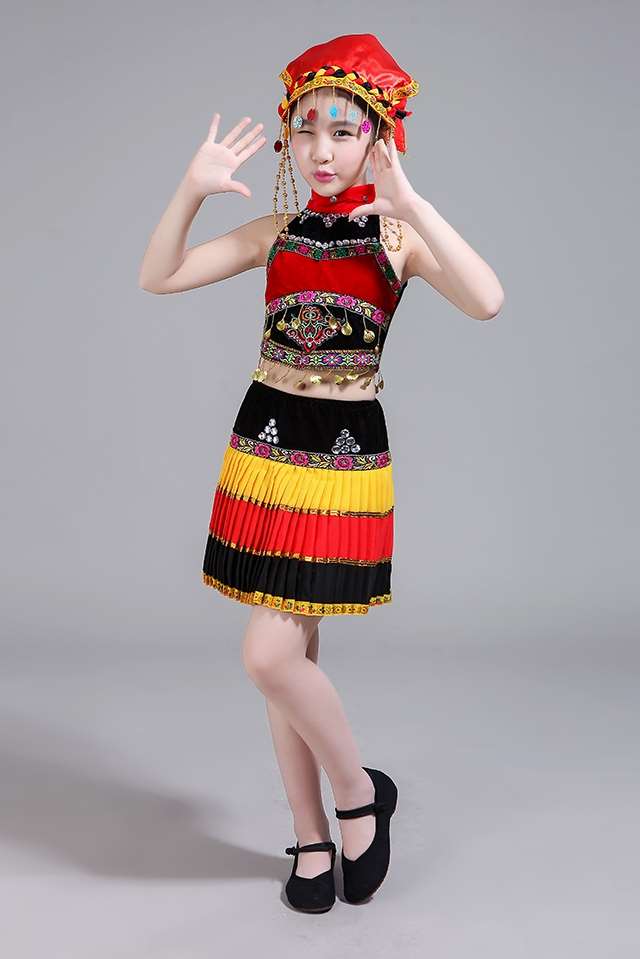 新款彝族舞蹈服装成人女儿童百褶裙表演服饰苗族黎族少数民族演出