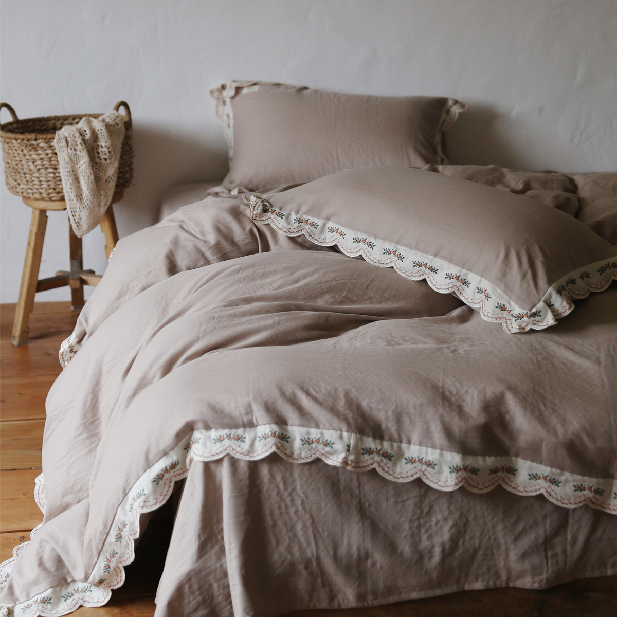全棉双层纱四件套纯棉法式浪漫纯色套件荷叶花边被套1.8m床上用品