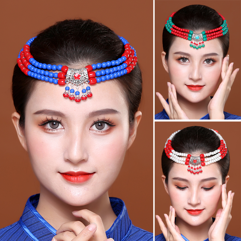 蒙古族舞蹈演出头饰女成人儿童可调节少数民族发饰发带串珠珠头饰