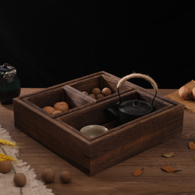 创意简约实木干果盘子复古色桌面家用茶具托盘零食桐木一套四盒子