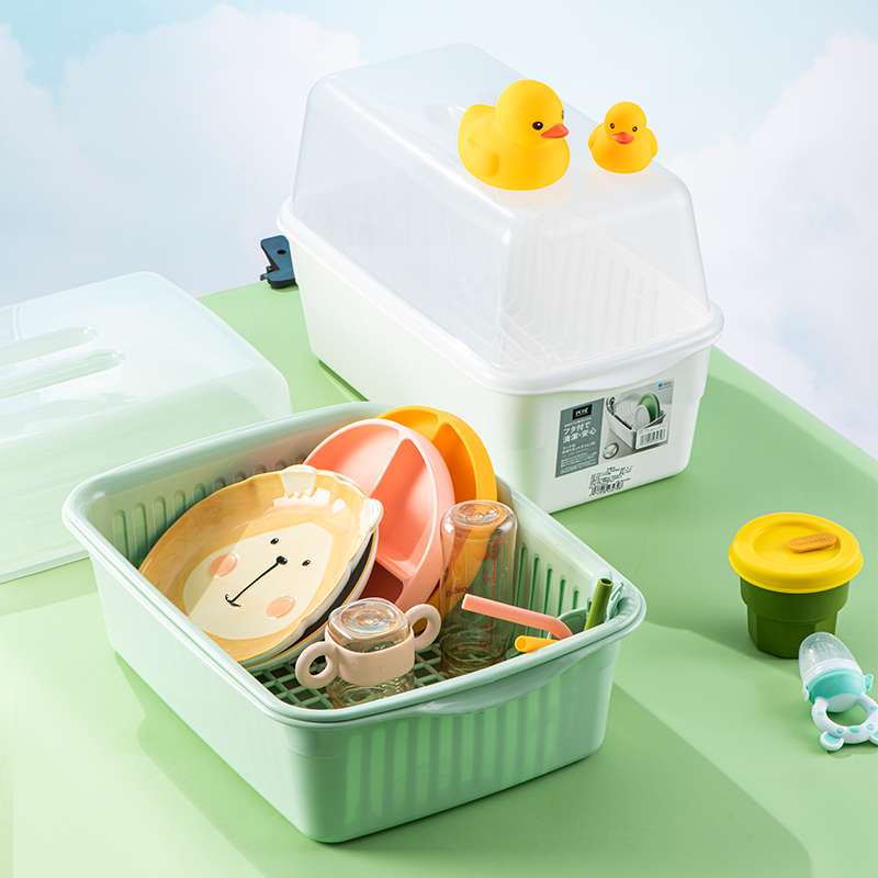 日本进口婴儿奶瓶收纳箱宝宝放辅食餐具收纳盒带盖防尘沥水置物架