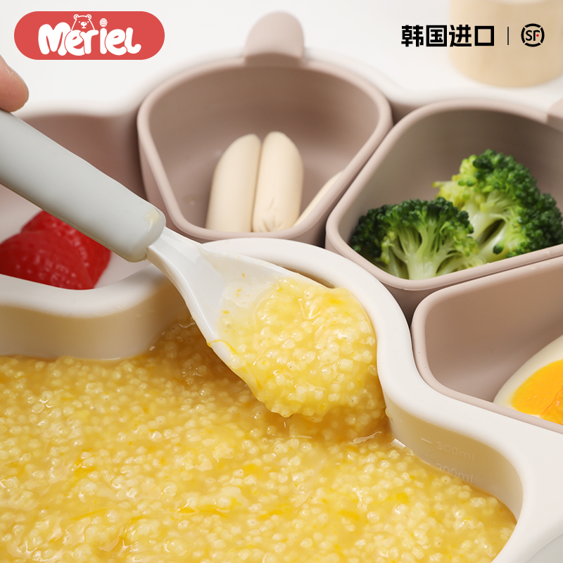 美芮儿韩国进口熊掌餐盘宝宝硅胶餐盘婴儿童吸盘式分格辅食工具