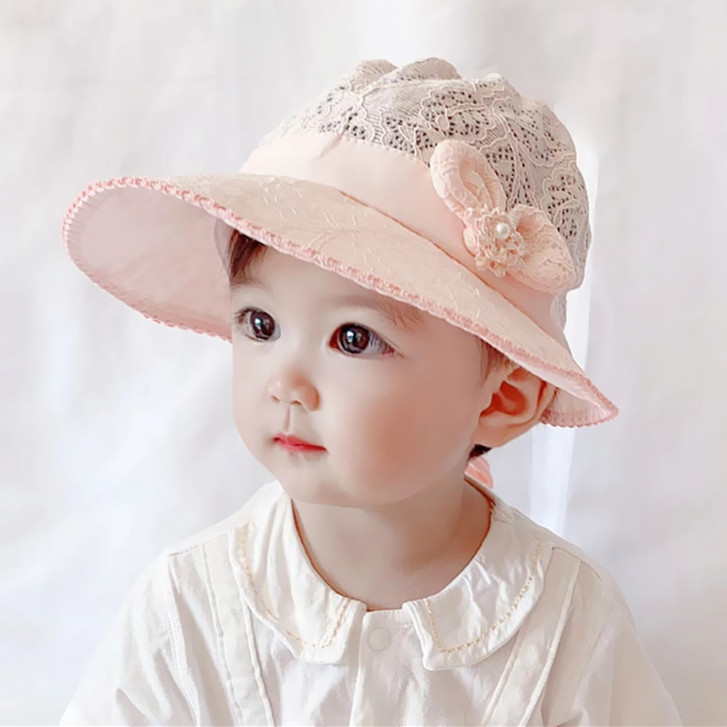 婴儿帽子春夏薄款大檐遮阳防晒女宝宝蕾丝甜美公主可爱超萌渔夫帽