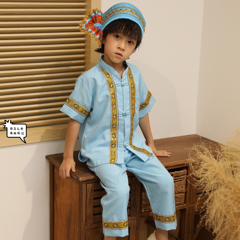 傣族男童三件套送头饰葫芦丝表演服壮族少数民族风服装童装