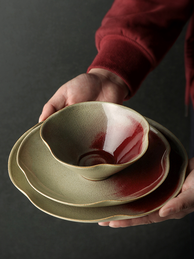 戏陶日式手工陶瓷餐盘创意花瓣盘家用菜盘平盘西餐盘创意餐具食器