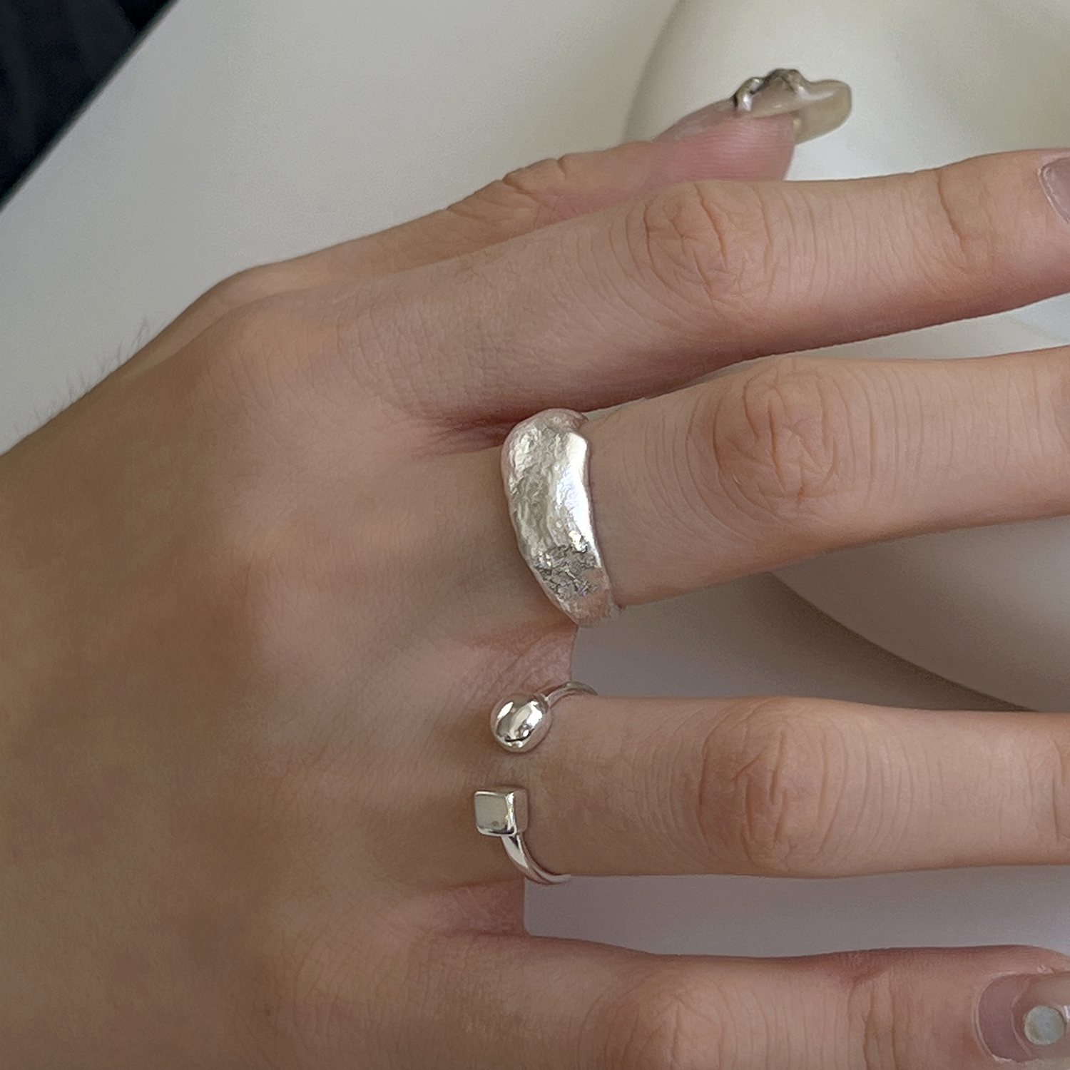 S925纯银女款戒指设计小众捶打肌理质感开口食指戒指冷淡风指环潮