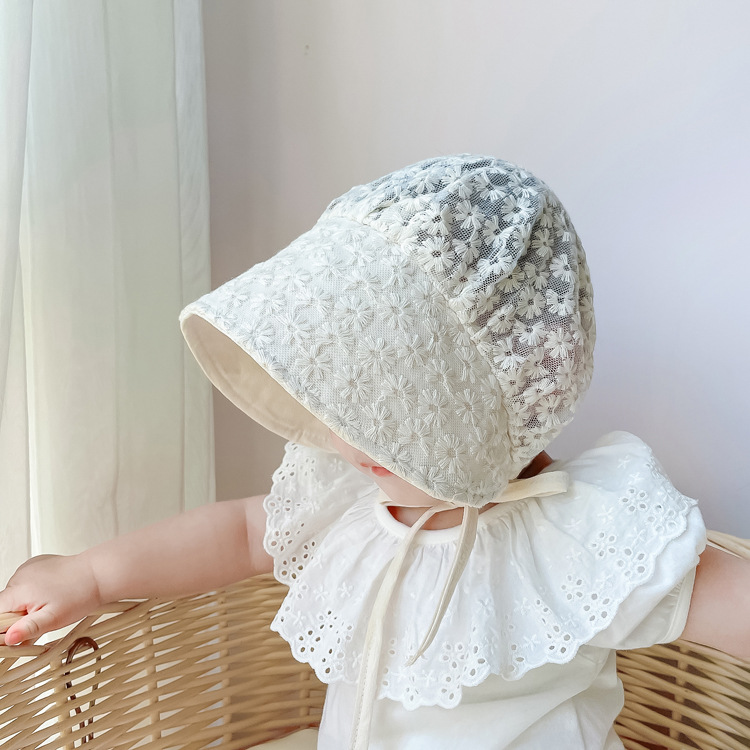 夏季薄款韩国婴儿蕾丝透气遮阳帽胎帽女宝宝甜美可爱公主宫廷帽子