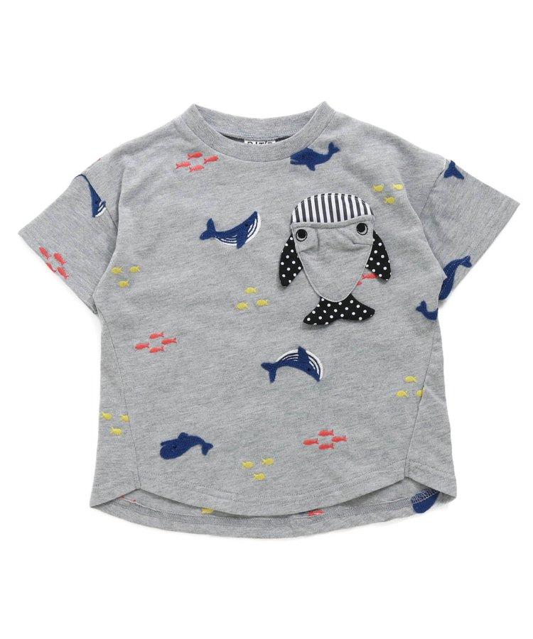 日本 BIT'Z 2024春夏儿童装刺绣翻毛卡通可爱鲸鱼口袋圆领短袖T恤