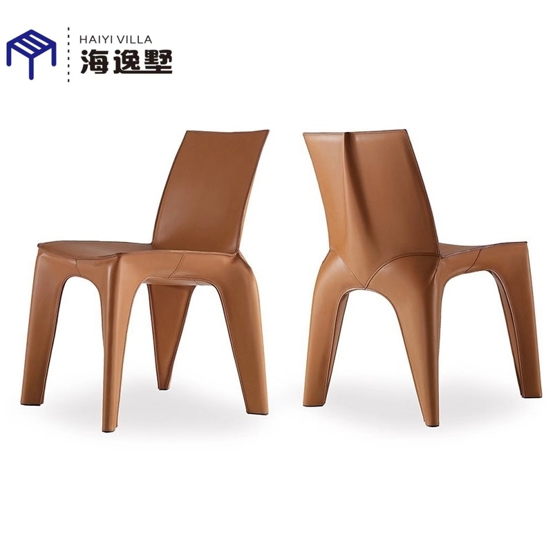 马鞍皮餐椅轻奢后现代极简家用餐厅硬皮靠背设计师样板间简约椅子