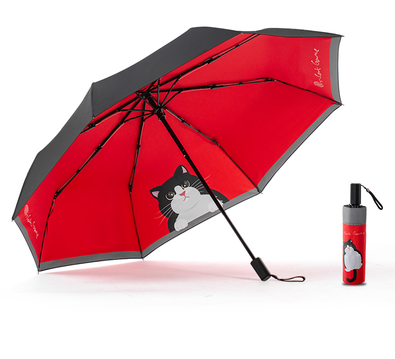 高颜值卡通纯色外黑内红可爱猫咪三折叠防晒抗风创意遮阳女晴雨伞