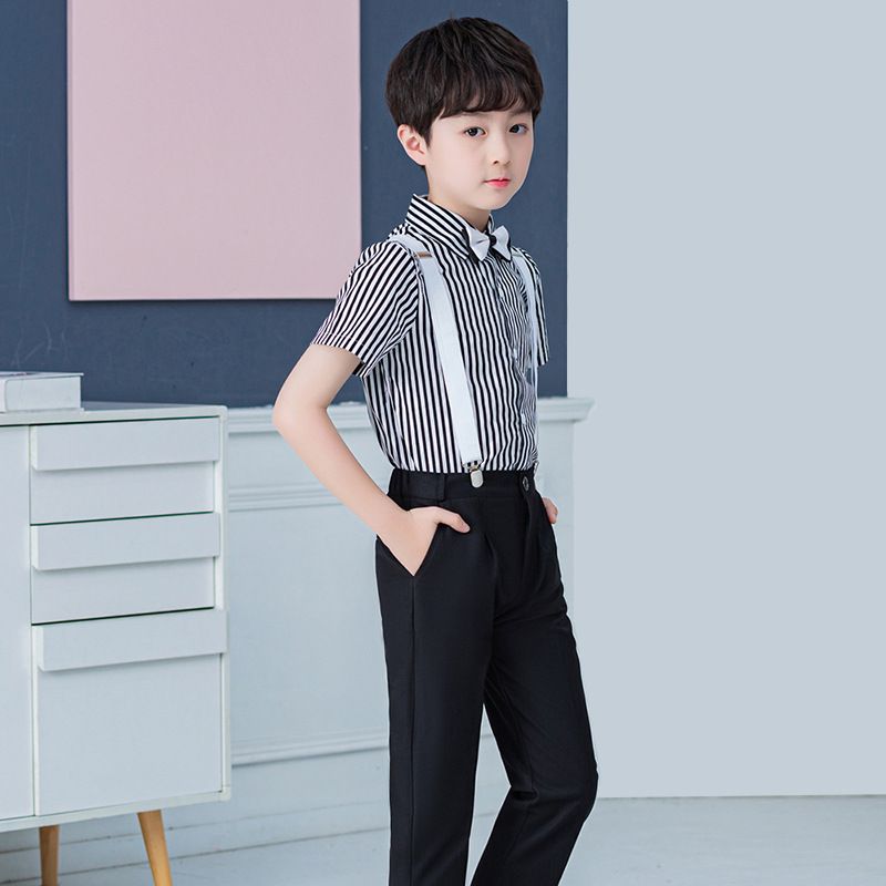 儿童背带裤两件套2023新款夏季韩版男童条纹衬衣花童演讲主持礼服