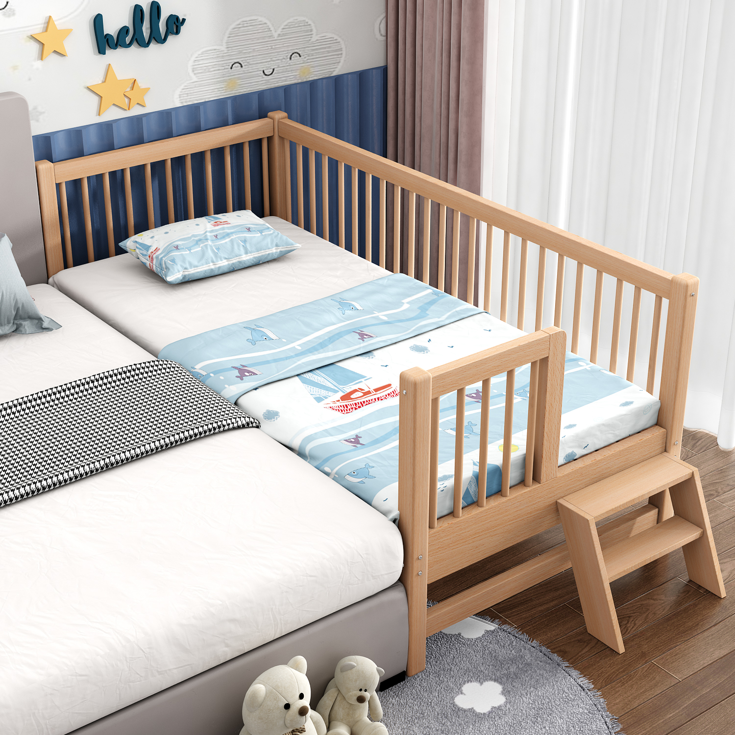 新纯实木儿童床榉木拼接床定制加宽婴儿床单人男孩女孩带护栏宝宝