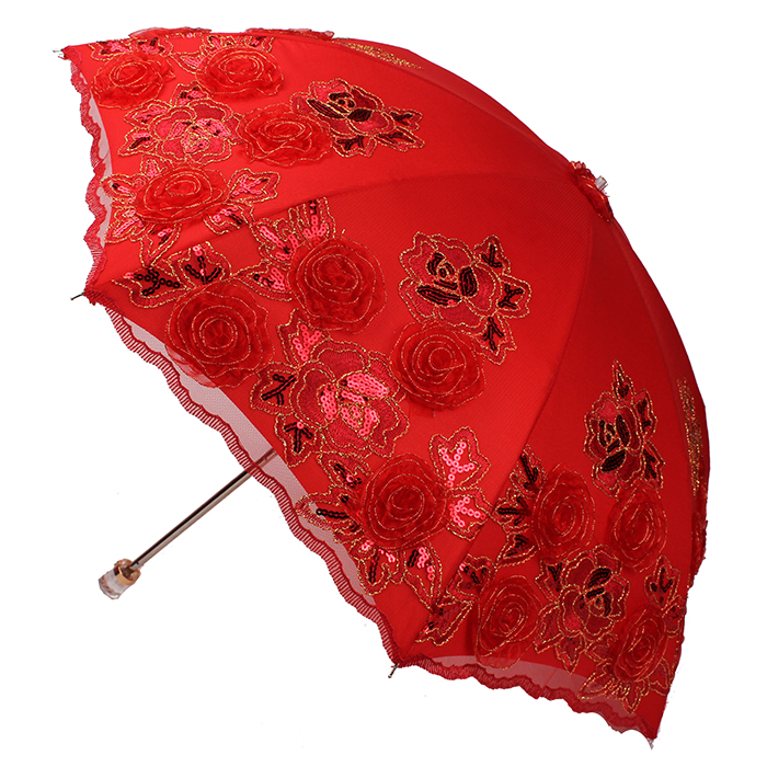 奢华刺绣蕾丝新娘伞结婚伞大红色二折叠出嫁伞婚庆礼仪摄影晴雨伞