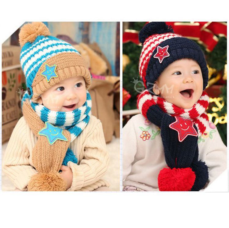 毛线保暖帽子围巾2件套 秋冬新款儿童套帽 男女宝宝婴儿帽子